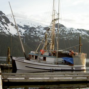 wooden fishing boat Clarena docked at Pelican built in l947 run by same skipper since l968