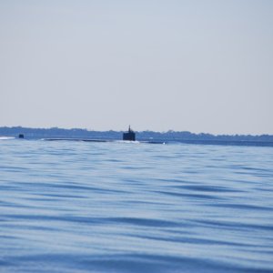 Media 'Submarine returning from sea approaching the Thimble Shoal Channel via the North and South Islands .' in album 'Fixed Bridge  on north end of Chesapeake Bay Bridge Tunnel. Approximately 17 miles north of Va. Beach, VA entrance.'