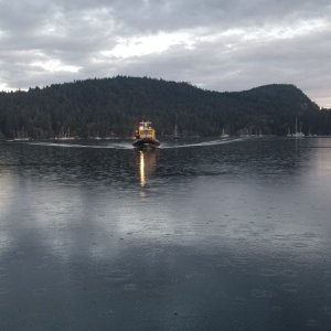 My buddies from RCMSAR  Station 8 coming to "rescue" us. We are at anchor in Montague Harbor.