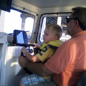 Grandson ensuring we don't hit the bridge
