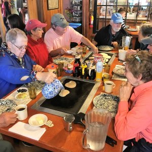 Making our pancakes at the Old Spanish Sugar Mill Restaurant in DeLeon Springs (Before the gathering.)