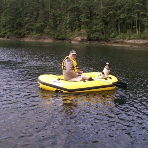 Pat and Baxter in Dinghy at Matia Cove 6-10-07