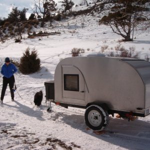 Yellowstone Park Mammoth camp ground  March 6th, 2004. Cozy teardrop camping. Arctic sleeping bags.