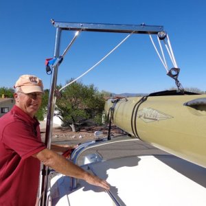 Media 'We've practiced several times and it seems to work flawlessly.' in album 'Close-up of our newly installed Garhauer Lift after lifting our 87 pound Hobie Mirage Tandem Kayak securely on top of Katmai.'