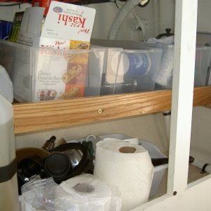 Media '(Valkyrie) Final product.  Oak galley shelf doubles usable space under galley.  Shelf is 19" deep and the width of galley.  Three inch fiddle keeps stuff from doing a backflip in a seaway.' in album '(Valkyrie) Final product.  Oak galley shelf doubles usable space under galley.  Shelf is 19" deep and the width of galley.  Three inch fiddle keeps stuff from doing a backflip in a seaway.'