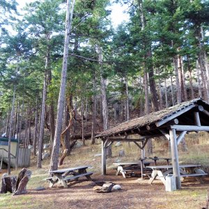 Picnic shelter and compost toilets on James Island