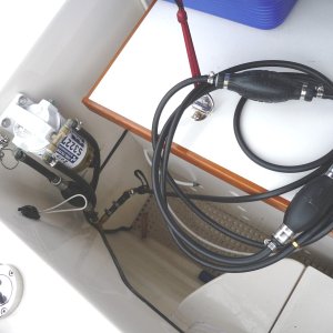 8. This quick connect line pump has a male "Yamaha" fitting on one end and a screwed on stopper on the other end. We can now pump fuel from either tank and have the volume measured by the fuel management meters. We use this to fill our 1000 Watt "Honda" Generator and our 2 hp "Honda" tender motor. Now we don't need to carry a portable fuel container on board. We could also pump fuel to someone else if need be or empty our tanks.