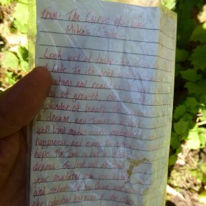 Someone attached a copy of Andrew "Mike" Shuttler's Credo (as documented in The Curve of Time) to the sign at Melanie Cove where he homesteaded in the early 1900s