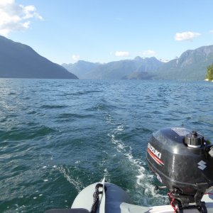 Nosing out into Homfray Channel in the dinghy