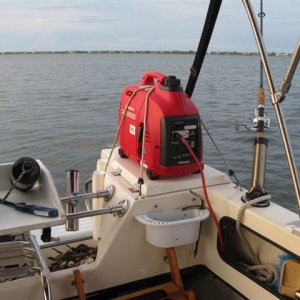 (021 21) My Baby!  EU1000 Honda bungeed to Port Lazarette with extension cord through cabin bulkhead.  About 6 hours between refills.
