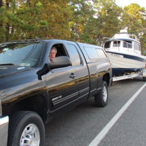 Media 'Will-C in tow on the way home from our cruise of the Jersey coast' in album 'Left from Liberty Island state park 9:00 am 10/24/12 dreary morning. Left truck and trailer across the street in a gated mini storge. Ran 44 miles down NYC harbor to Sandy Hook and down the coast to the Manasquan Inlet to pick up the Intercoastal waterway.'