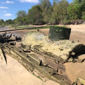 Old steam boat on the banks of the Savannah river. Late 1800's?