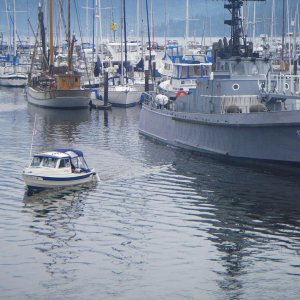 Media 'Catman's Bambina "doing what he can, just because he can", cruising out past the "Olympic Venture" an active duty Navy tender moored "mostly" at JWM.' in album 'Sure a good thing the tide is headed homeward too, or he wouldn't be making much progress.  Beautiful Blue.'