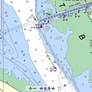 1.9 feet of water just northwest of the bouy next to the "9" sounding.  We polished the prop tips and had to tilt the motors to get out of there.  Felt like a sand bar but the water was too cloudy to see the bottom less than two feet down.  Gotta love shallow draft boats.