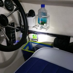 Media 'Charge controller (green) tucked against wall with velcro.  Simple PWM unit from Camping World' in album 'test fit'