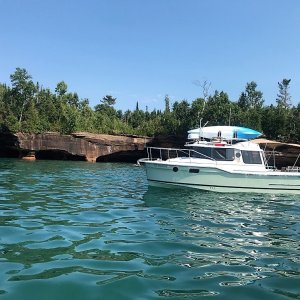 Bill on Mystery Girl enjoying the Devils Island Sea Caves