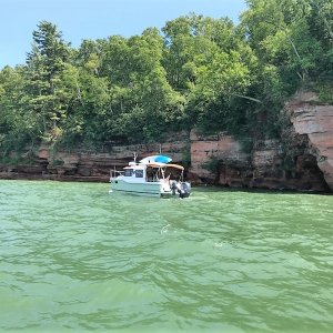 Bill on Mystery Girl enjoying the Meyers Beach Sea Caves Apostle Islands