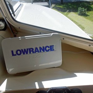 Media 'HDS 9" fits barely, hitting windshield & dash bump' in album 'Tight Fit for sounders, not Lowrance recomended spacing, but works.'