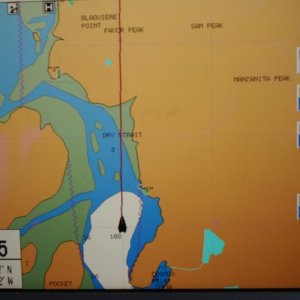 Inside Passage 2011 258 - Southbound, Dry Strait.  The charts here are unreliable. The blue deeper water path shown bending East (left) away from Blaquiere Point was choked with silt from the Stikine. Best course around Blaquiere Pt favored the shore line of Mitkof a little more closely than the chart would indicate. This trip was done on the last couple of hours of an incoming 13 foot tide.