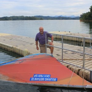 It wasn't me!  Capsized boat at the dock of the Hilton Batang Ai, Borneo, Malaysia.  4-6-2012