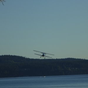 The biplane swooped down and flew right between 2 clumps of trees over on Little Sucia. This photo taken shortly after. Then he nosed up into almost a stall before turning back down and doing a fly-over of Fossil Bay.