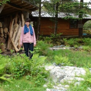 Jo-Lee in front of the White Sulfur Springs Forest Servicer Cabin