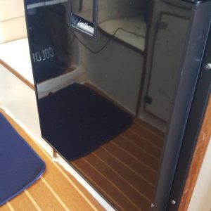The new more efficient  Isotherm Cruise fridge. I did need to enlarge the opening just a bit to fit it in.
