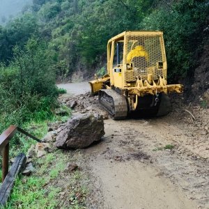 This winter we stayed in Big Sur so we could upgrade Sierra, and this is 6 in the morning on the dozer trying to get Dana to work. It will be so nice to miss our stormy winter on the ranch.