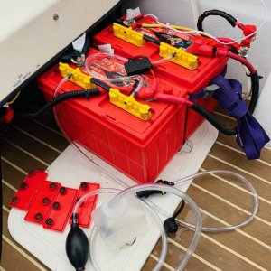 QWIK-FILL on-board watering system for both house group 31s (220 AHs) you can see my solar and battery charger fuses on top.