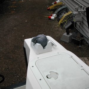 (rogerbum) Retainer for down rigger ball - one on each corner - positioned to allow the down rigger to be rotated in with the ball on.