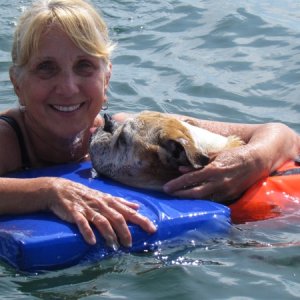 Ginny and Lucy taking a dip in Tarpon Bay along the intercoastal waterway along side of Key Largo
