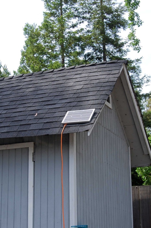 12 watt Solar Panel (battery maintainer)
Mounted on storage shed roof near boat. Took 50' extention cord and cut 18" off female end and attached it to a small solar controller (picture 3) in Lazerette attached to main cranking battery. Attached the long piece to the Solar panel. When connected (pic 2) I have automatic battery maintenance. I leave switch on both so the whole system is maintained. A small switch was added to turn off the battery combiner during solar charging.