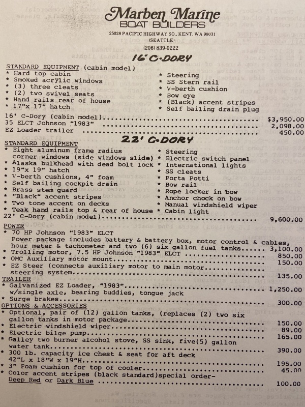 1983 C-Dory boats price sheet, 16? & 22?