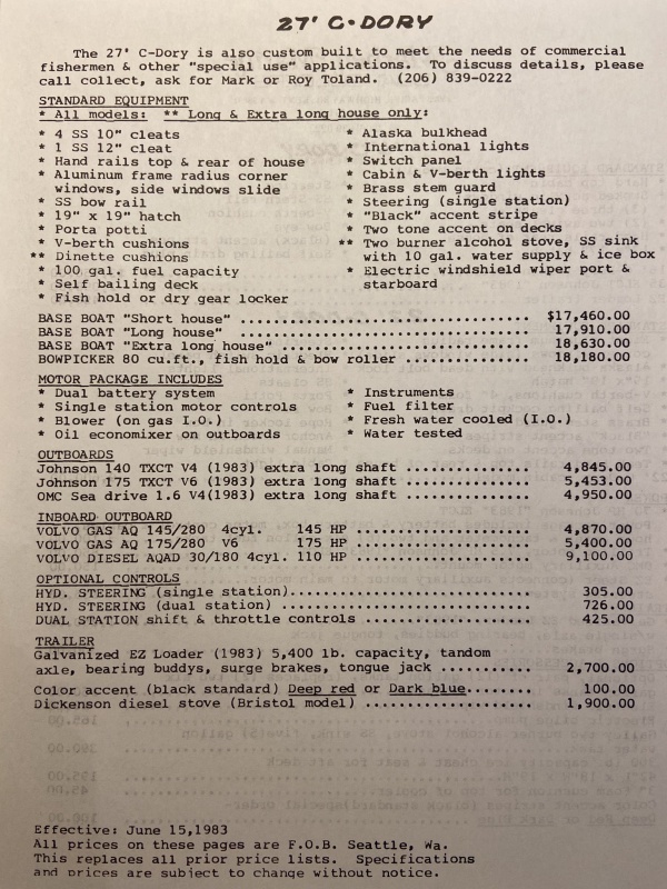 1983 C-Dory boats price sheet, 27?