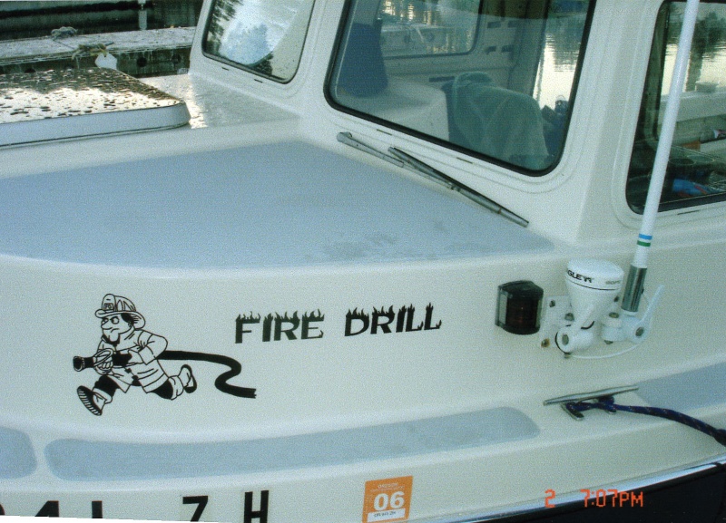 2 Aug 2005 Brookings, OR
  Close-up of decal on 
      FIRE DRILL