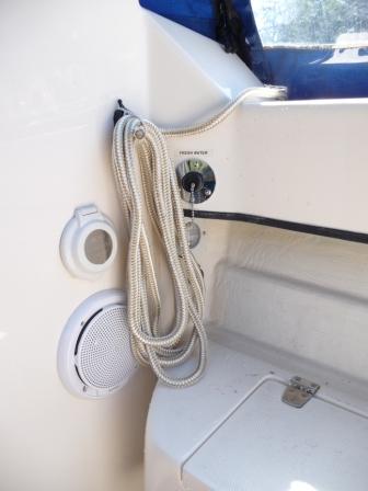 2. -Spring Line Storage. 
-Fresh water male discharge outlet. I use this to empty the fresh water tank of stale water or when cleaning the porta potti while under way.
-Shore power access plug.
-Cockpit stereo speaker.
Cockpit light.