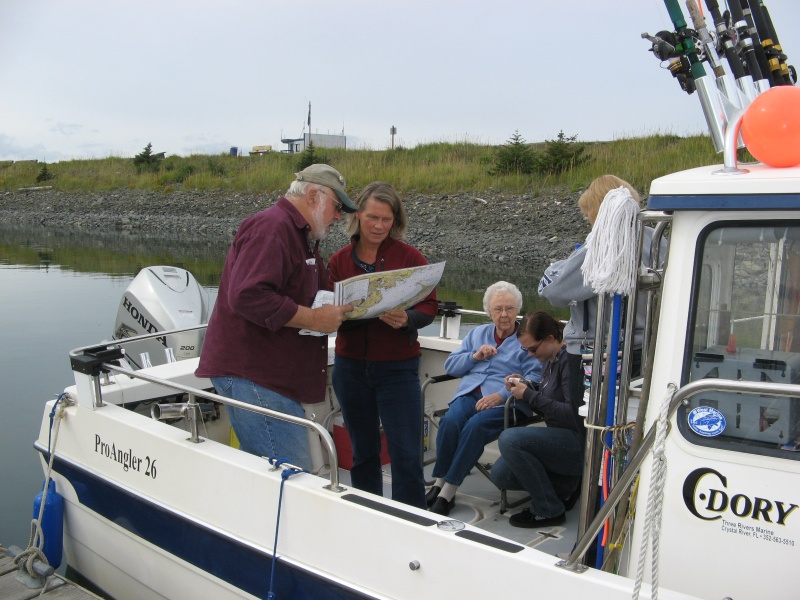 Aug.09; Where are we going??  5 women on board (oldest 94 yrs), went fishing, wind came up, "ralphing" commenced, trip over, back to port