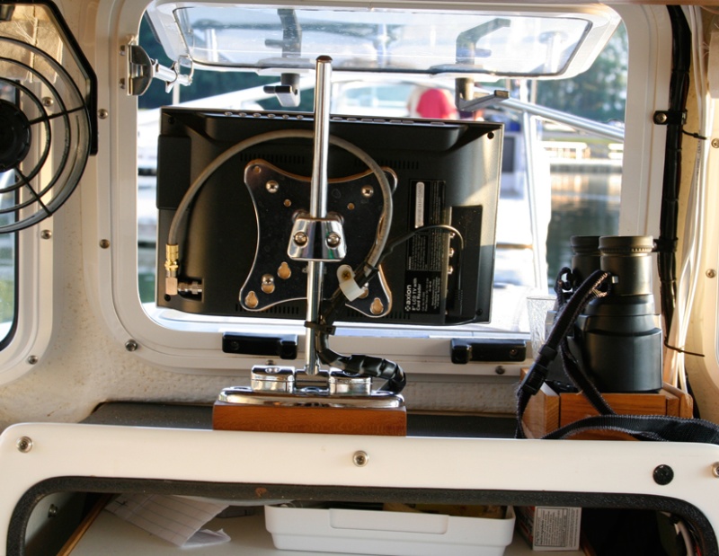 Back-of-Tv-Raised-Position: all that is needed to operate the TV is to rotate it and turn it on. Cables are dressed and clamped to eliminate movement problems.