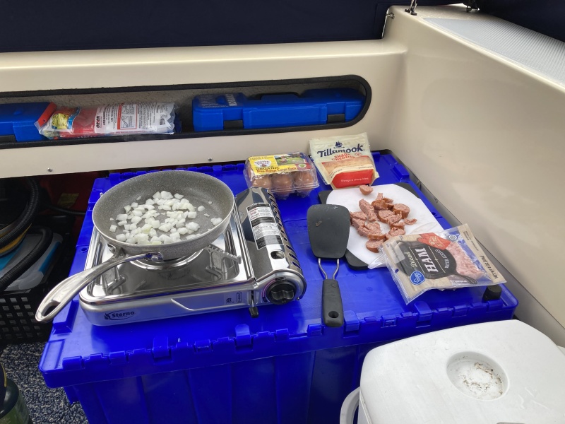 Big blue box someone was getting rid of at work. Great for storage of camping gear and also a great table.
