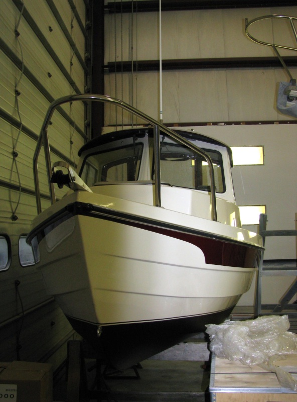 C-Dory 16 Cruiser after bottom paint appliedview -- Head-on View. If you look real closely under the roof overhang you can see the horn