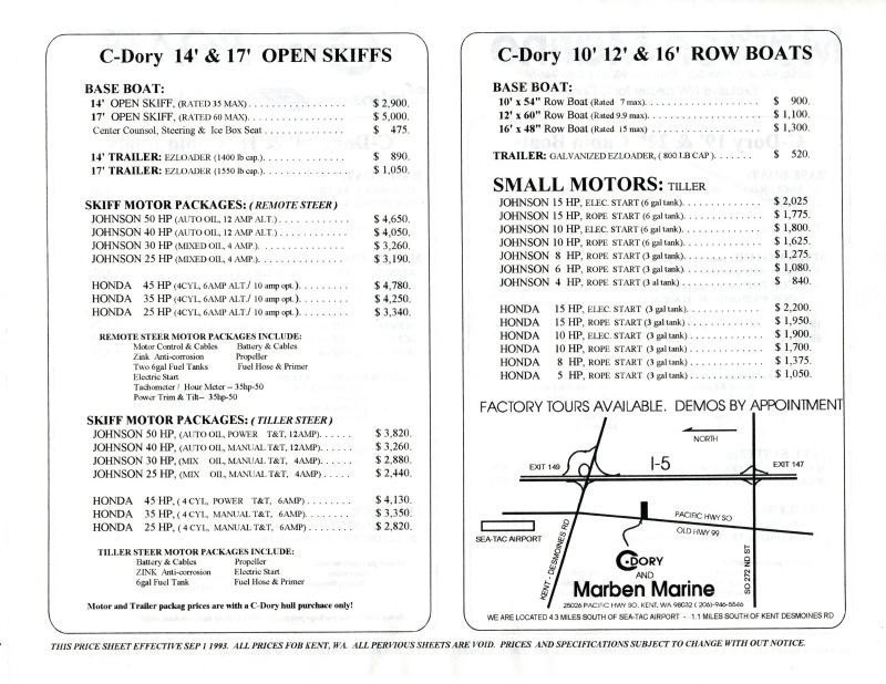 C-Dory 1993 Misc prices Pg 1
14,17 Open Skiffs 
10, 12 & 16 Row Boats