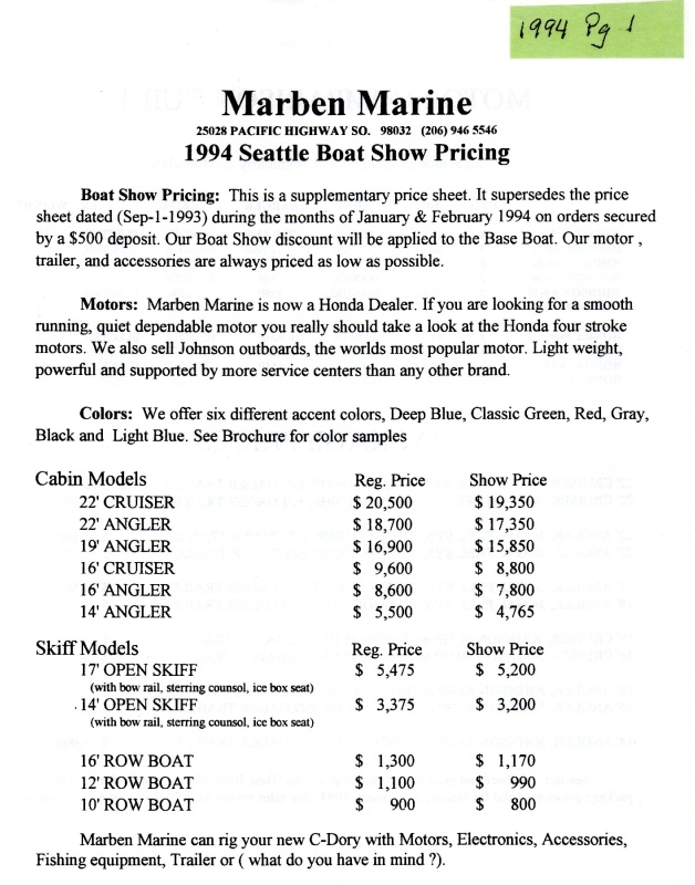 C-Dory 1994 Seattle Boat Show Pricing Pg 1