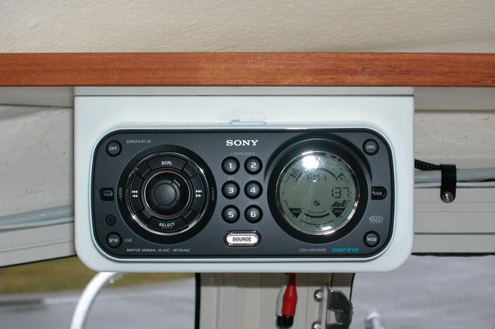 Closeup of the Sony CDX-HS70MW marine stereo unit.  Front opens to accept the CDs and is weather sealed.  Also has a remote control and I can plug in my iPod!  Sweet!