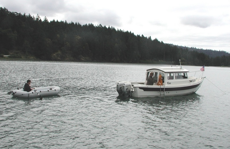 Daydream on the Hook, Austin in Dinghy, Garrison Bay, San Juan Island, 6-22-03