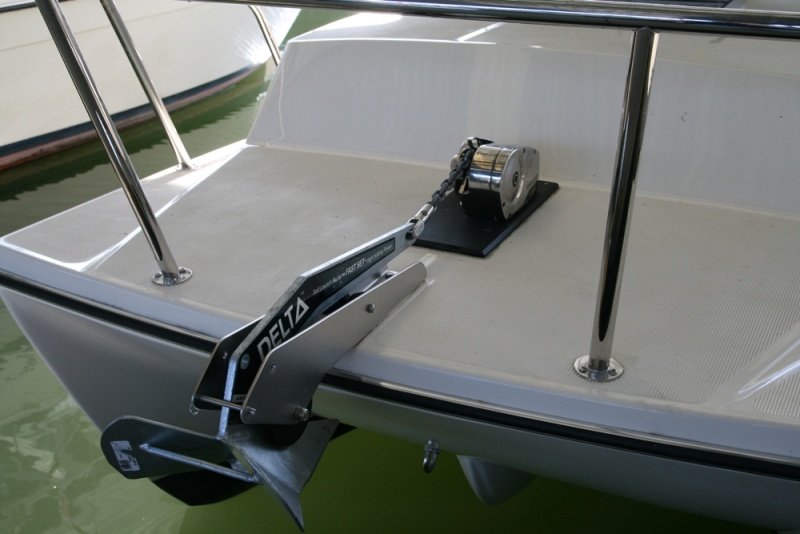Delta free launch anchor. Lewmar windless has been set back to allow better flow of the rode into the anchor locker.