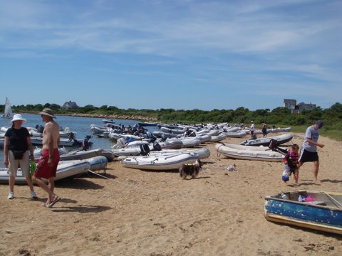Dingy Beach on Block Island's New Harbor on the salt pond.July 4th weekend. From here it's a short walk to town or to the ocean side beach with showers etc. So crazy, should be called Dink City