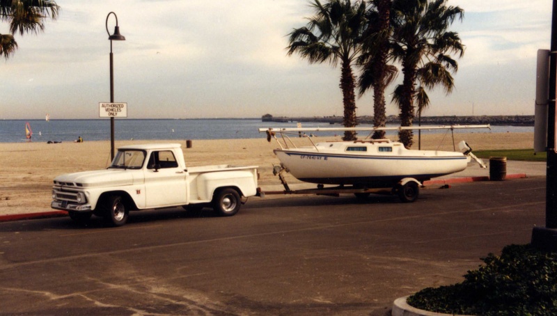 During graduate school, my San Juan 21 was, if ugly, a superior sailing boat.  With my 1965 Chevy Stepside -- in San Pedro 1988.
