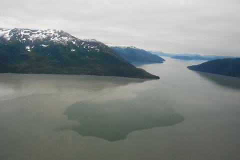 Entering Taku Inlet from Stephens Passage.  Incoming tide mixing saltwater with fresh silted water from glacial runoff.