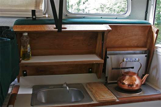 Galley with helm seat still down.