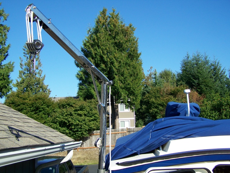 Garhauer davit used for crab pots, loading and unloading dinghy on roof, and for assistance with man overboard.